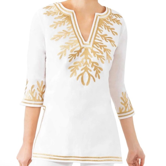 Gretchen Scott Designs Tops - NEW Gretchen Scott Women's Cotton Reef Tunic White Gold 3/4 Sleeve Small S CT